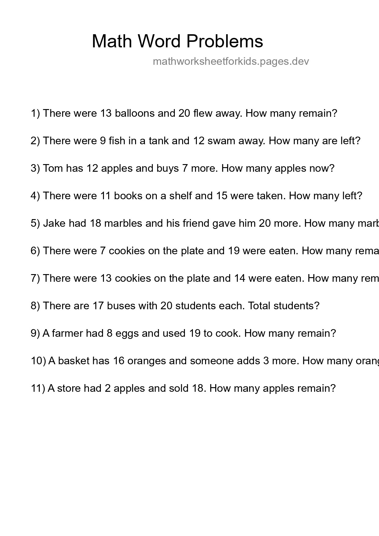 Math Word Problem Worksheet
