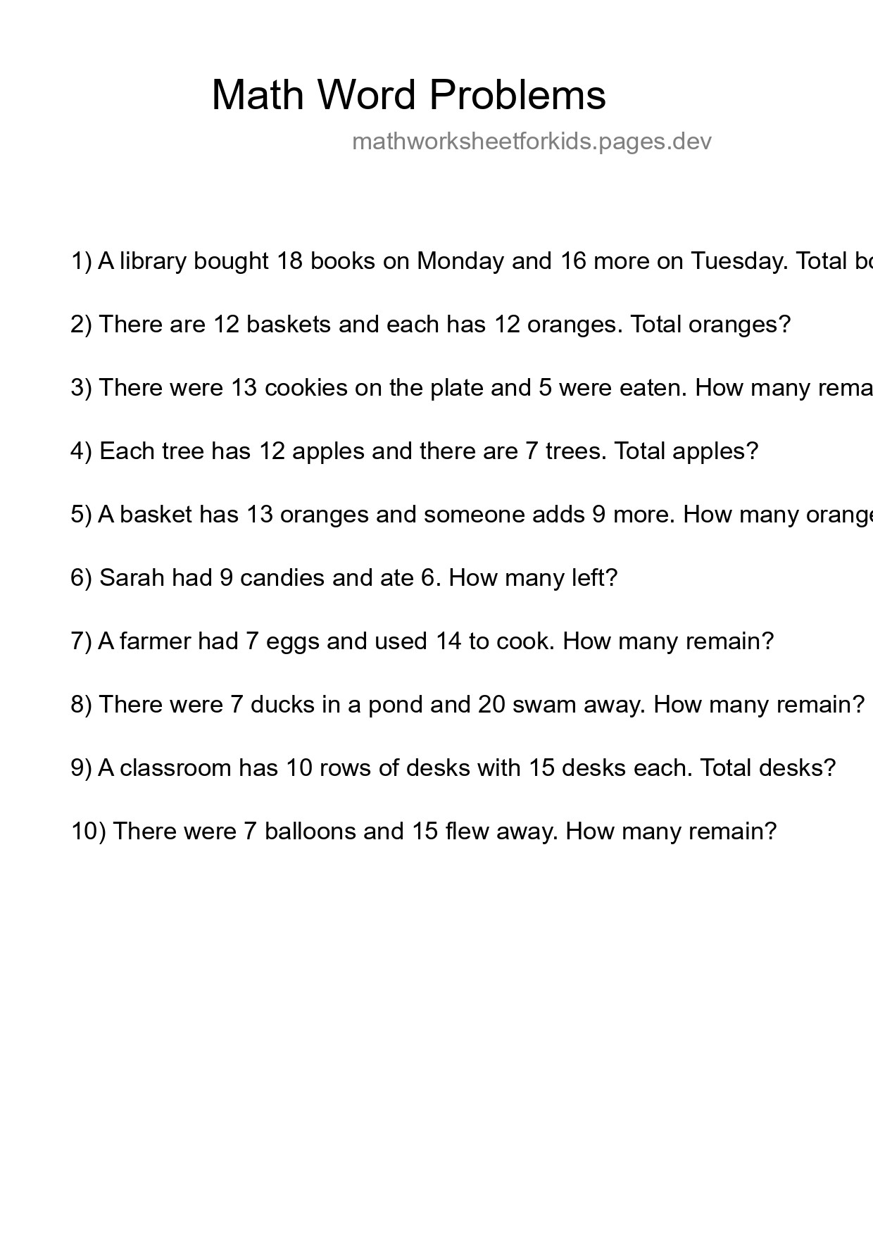 Math Word Problem Worksheet