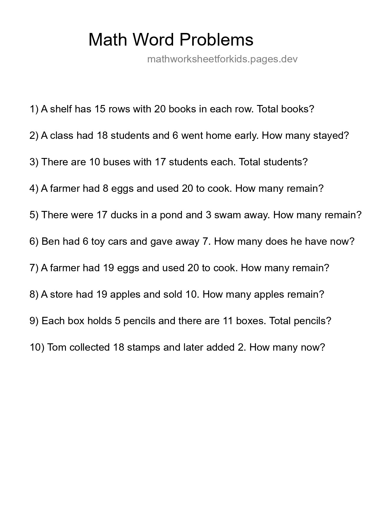 Math Word Problem Worksheet
