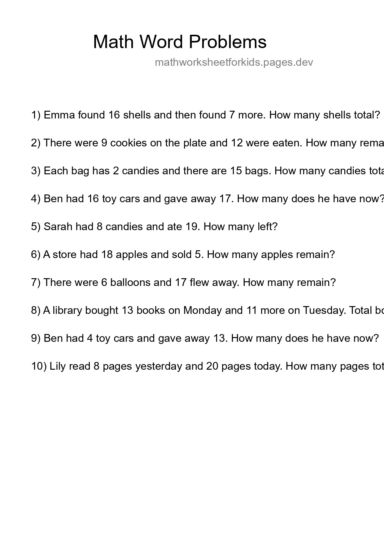 Math Word Problem Worksheet