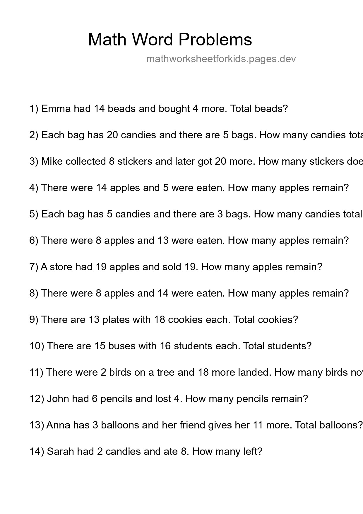 Math Word Problem Worksheet
