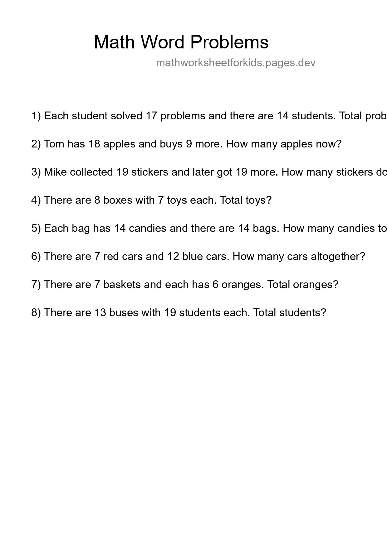 Math Word Problem Worksheet