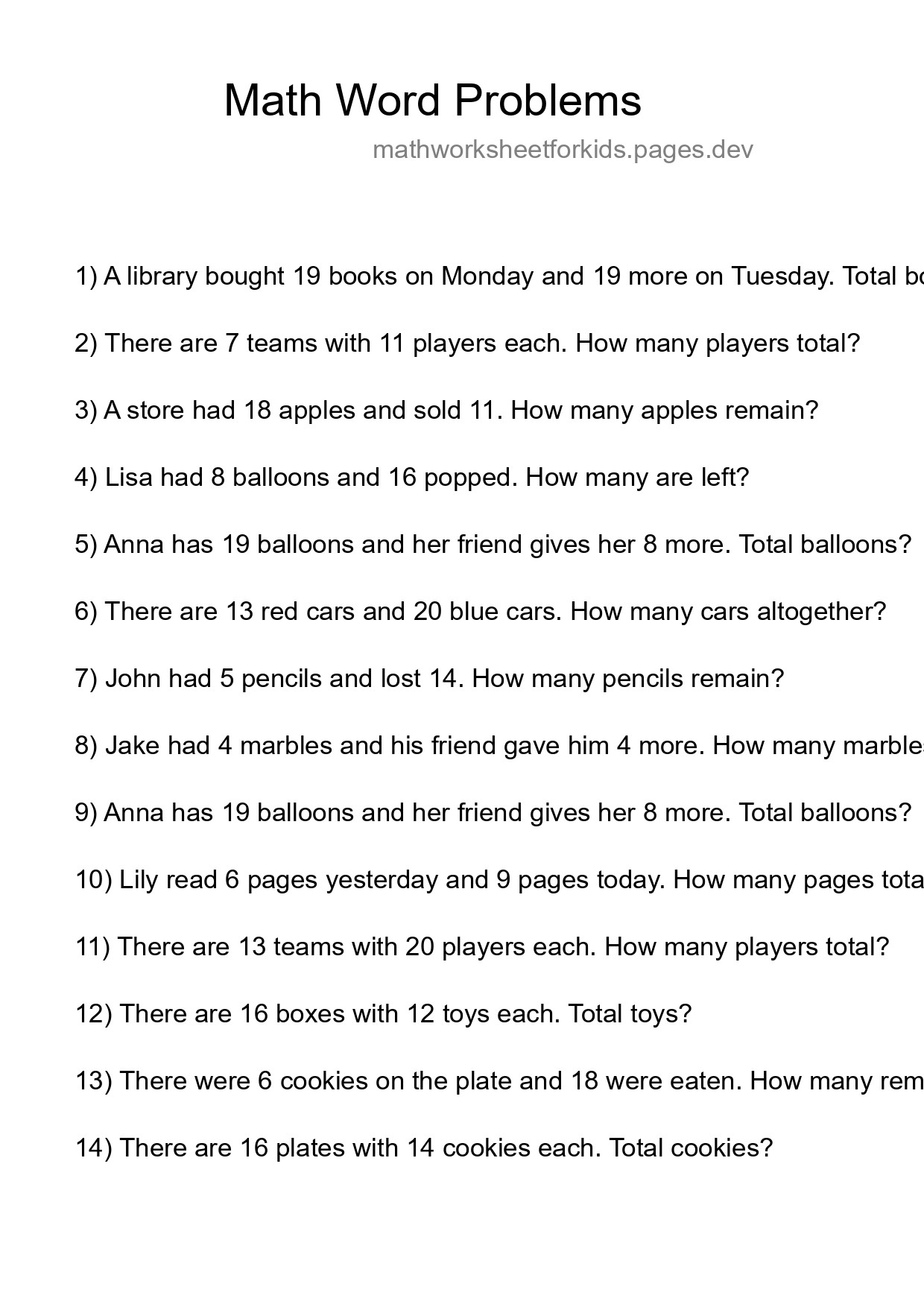 Math Word Problem Worksheet