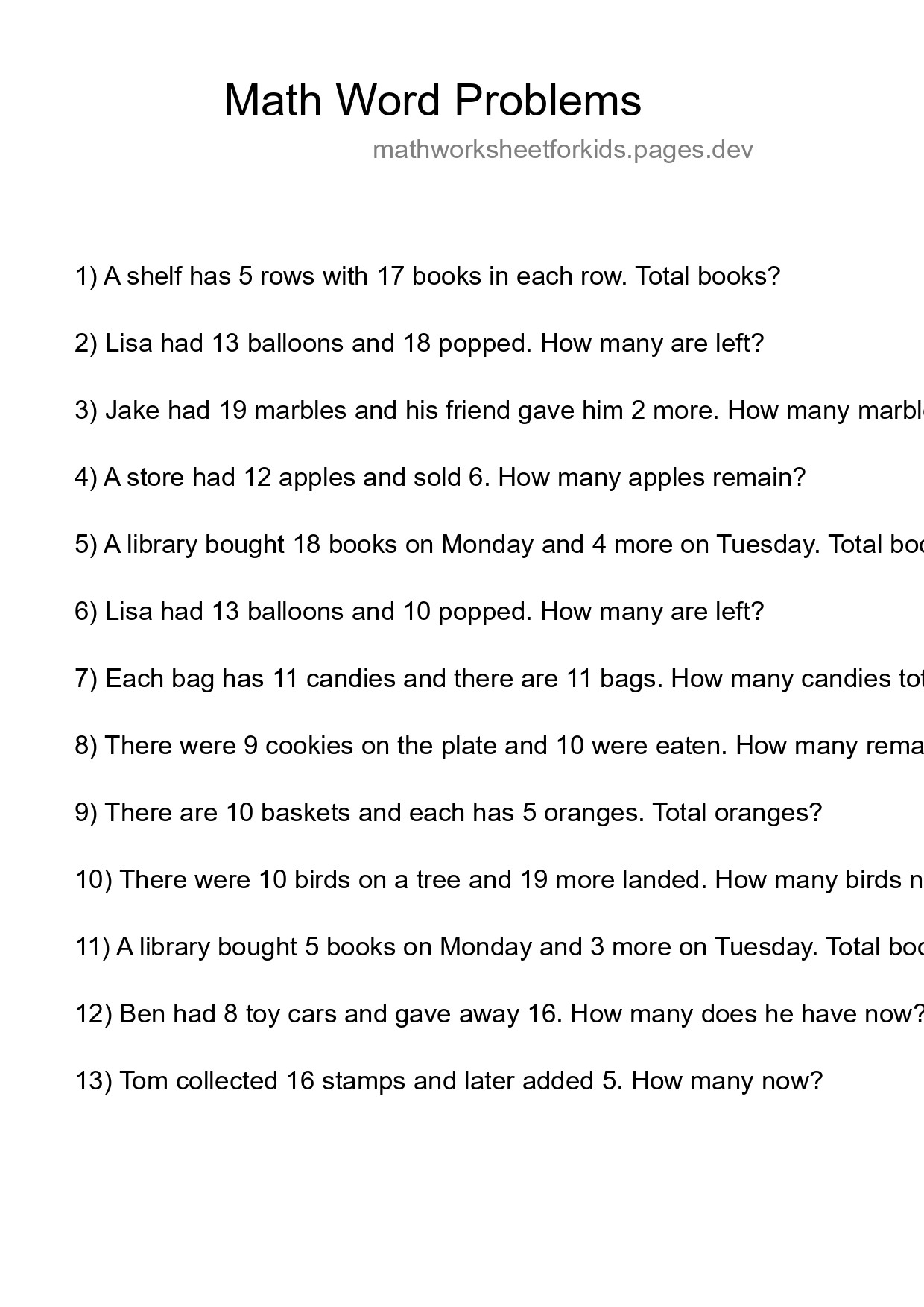 Math Word Problem Worksheet