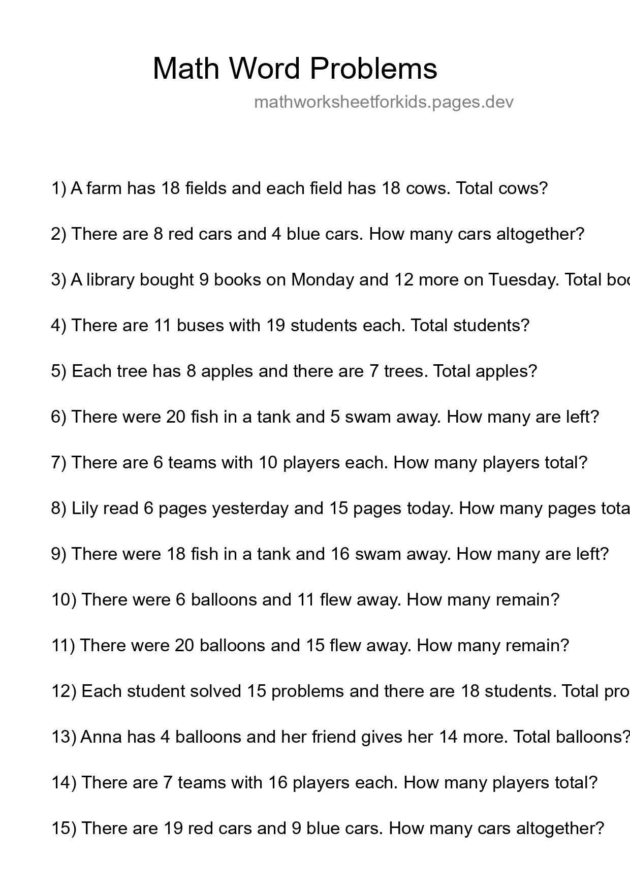 Math Word Problem Worksheet