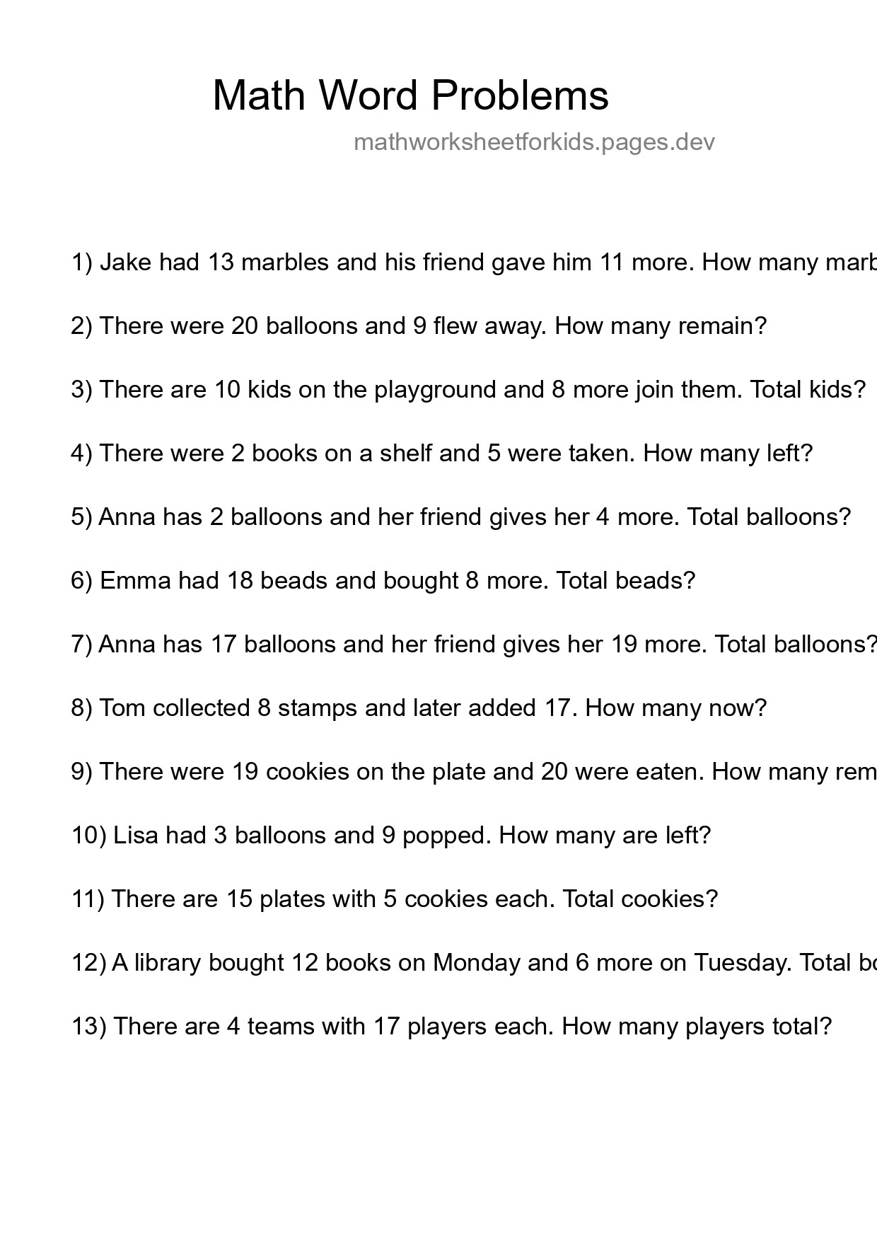 Math Word Problem Worksheet