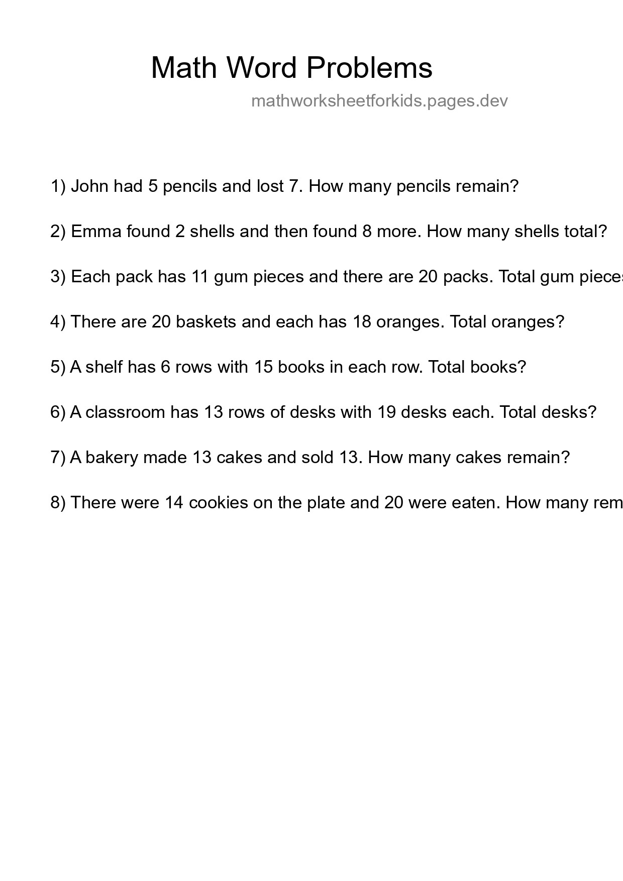 Math Word Problem Worksheet