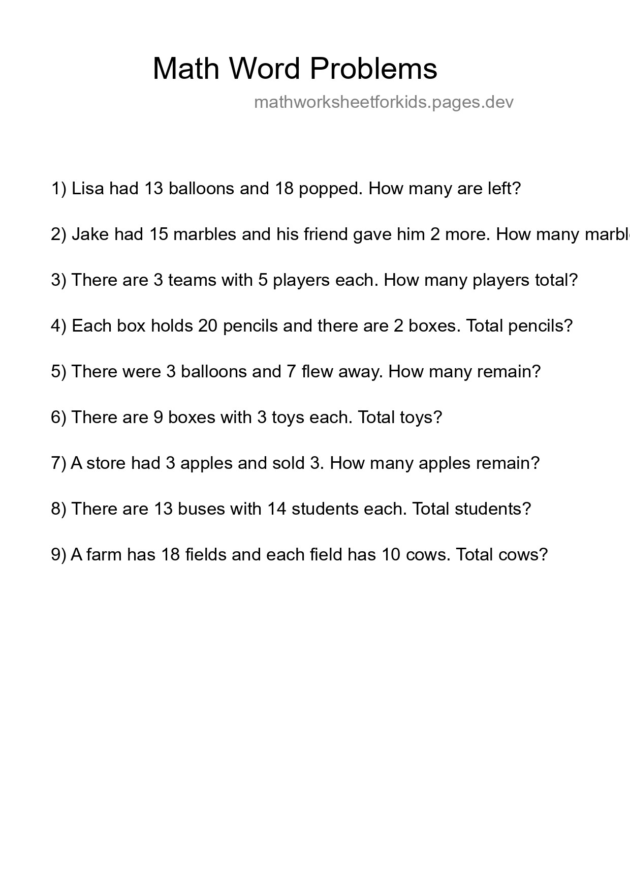Math Word Problem Worksheet