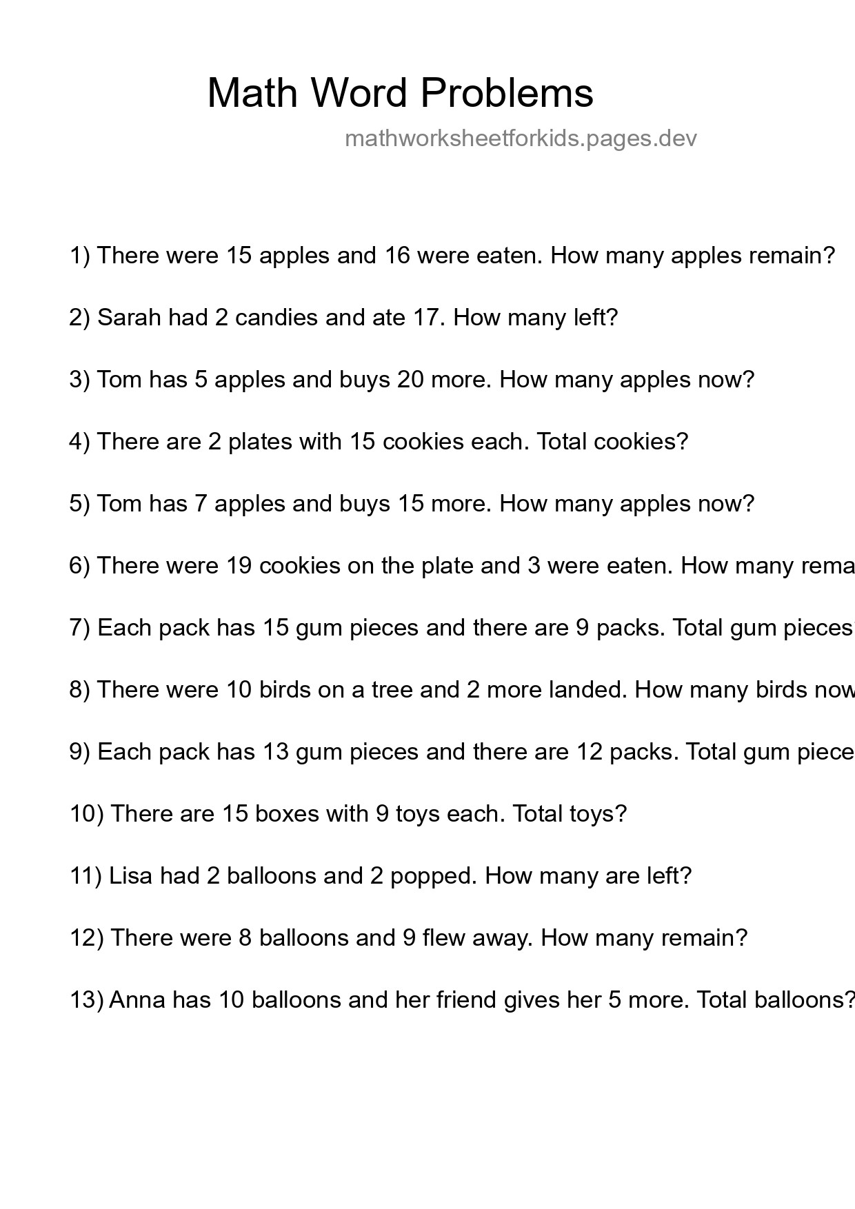 Math Word Problem Worksheet