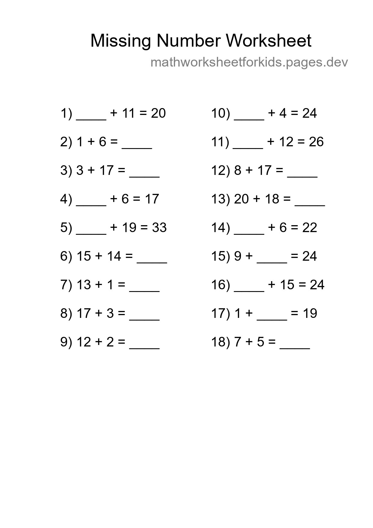 Missing Number Math Worksheet