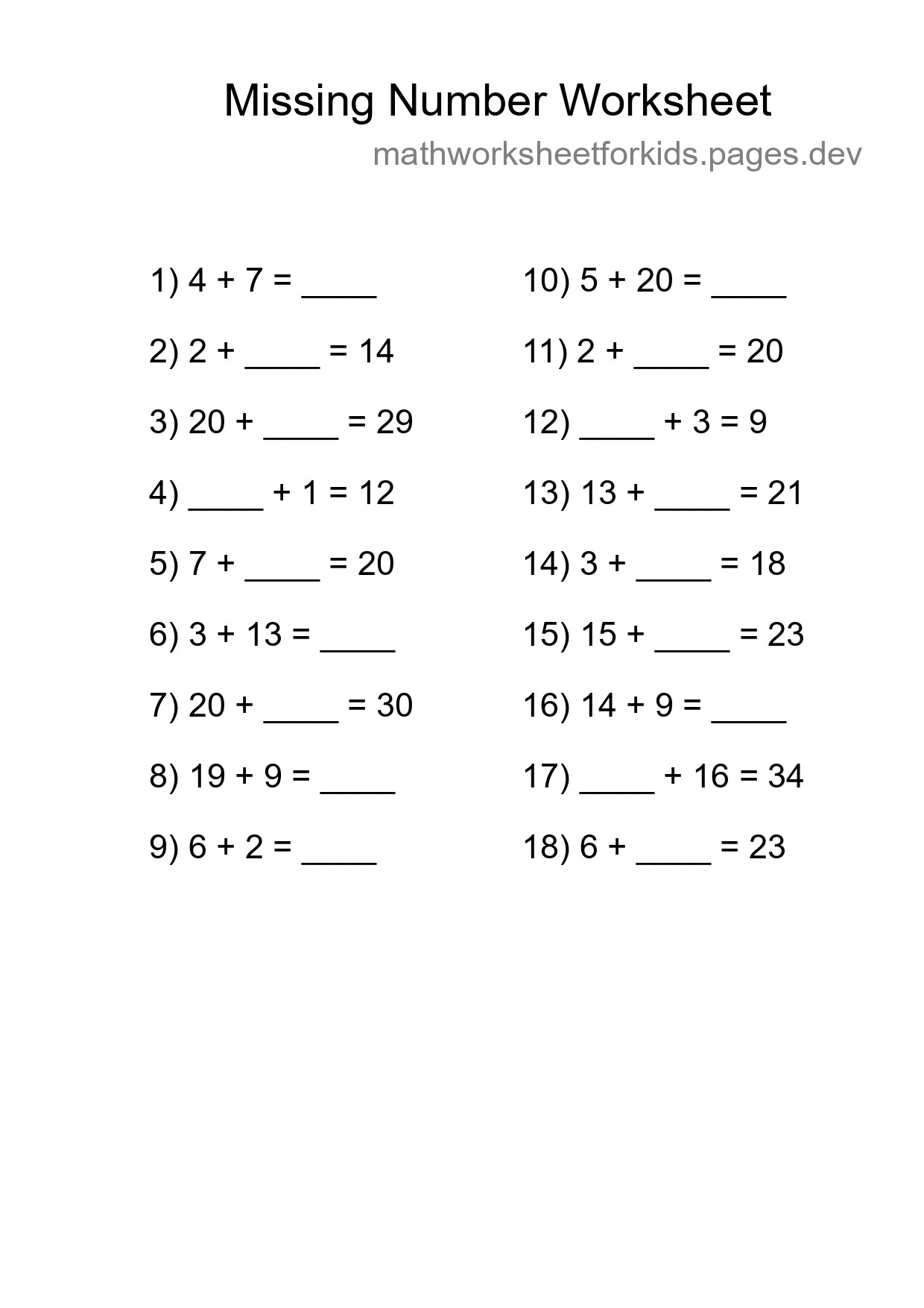 Missing Number Math Worksheet