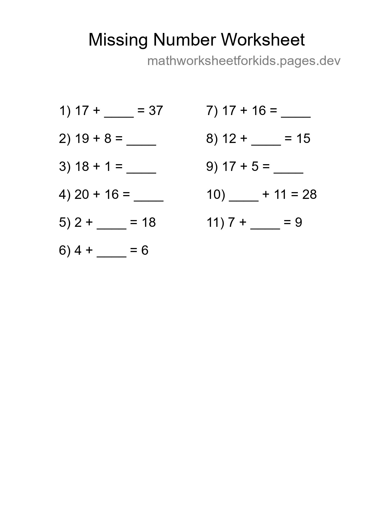 Missing Number Math Worksheet