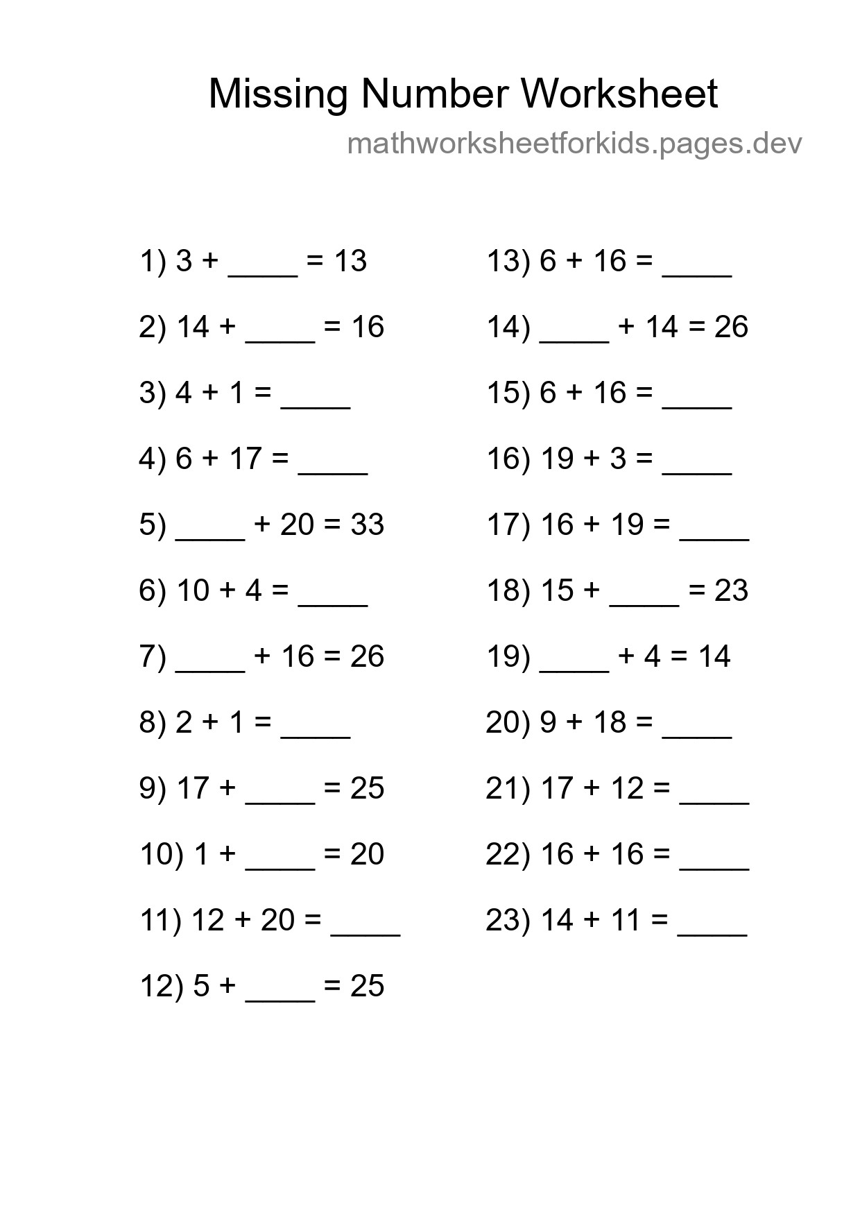 Missing Number Math Worksheet
