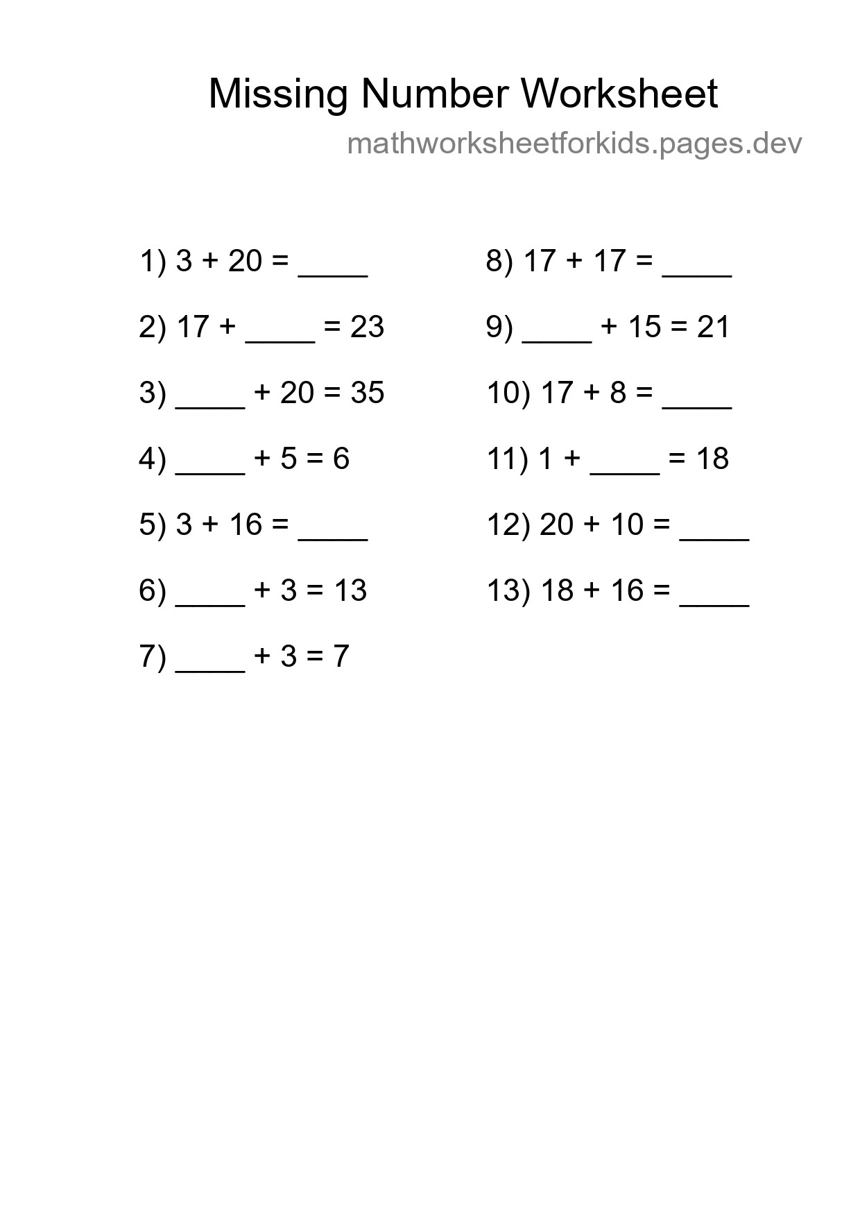 Missing Number Math Worksheet