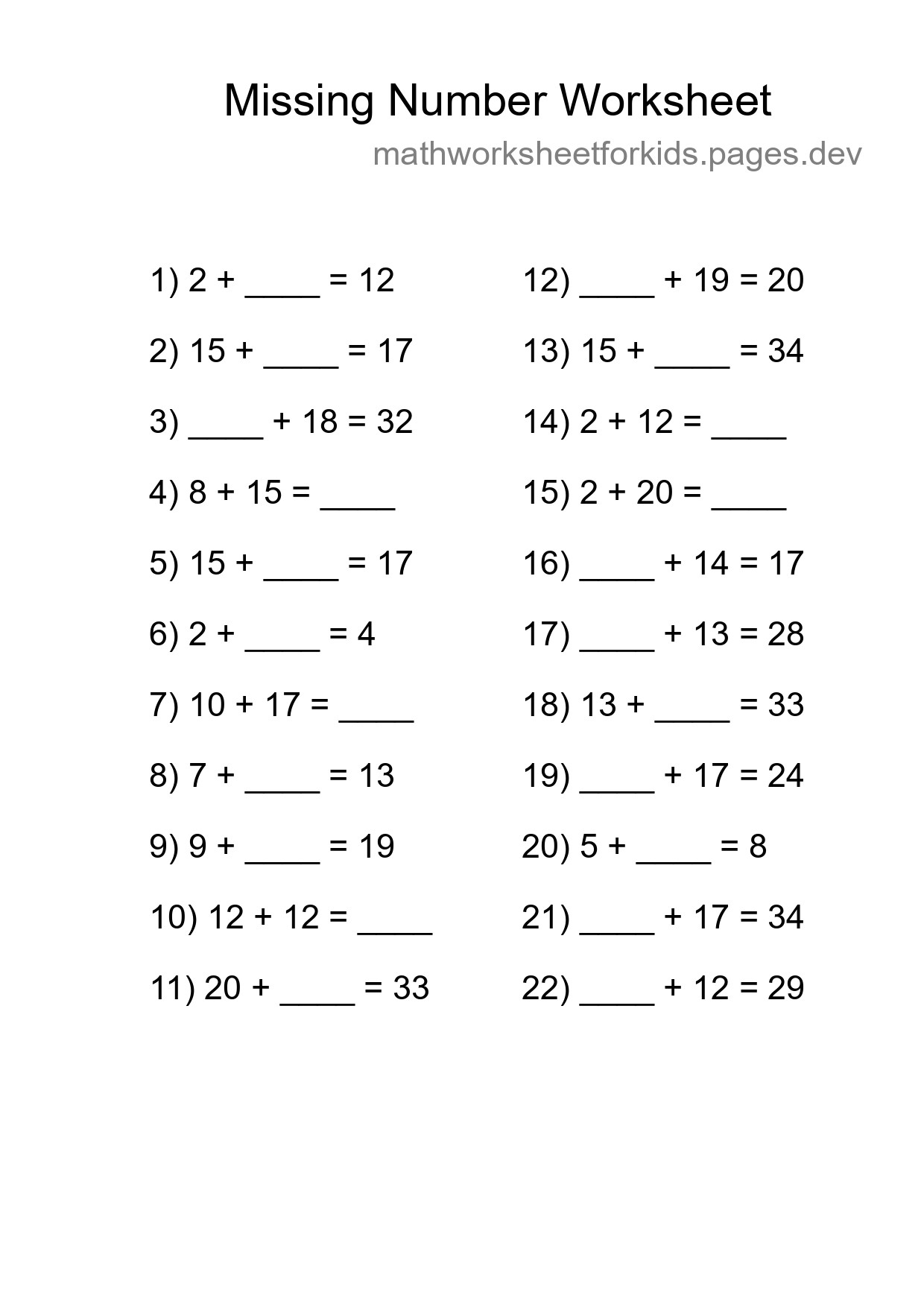 Missing Number Math Worksheet