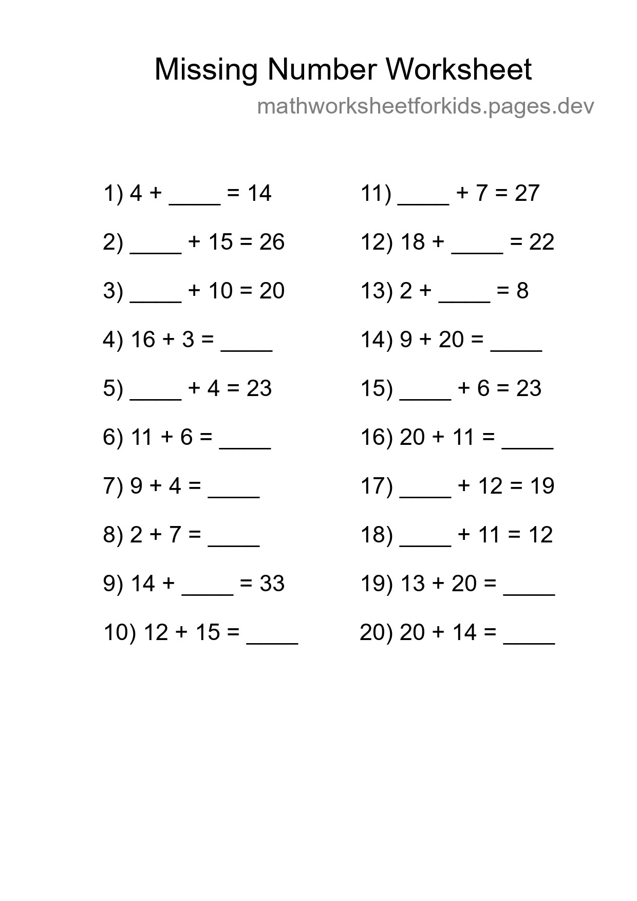 Missing Number Math Worksheet