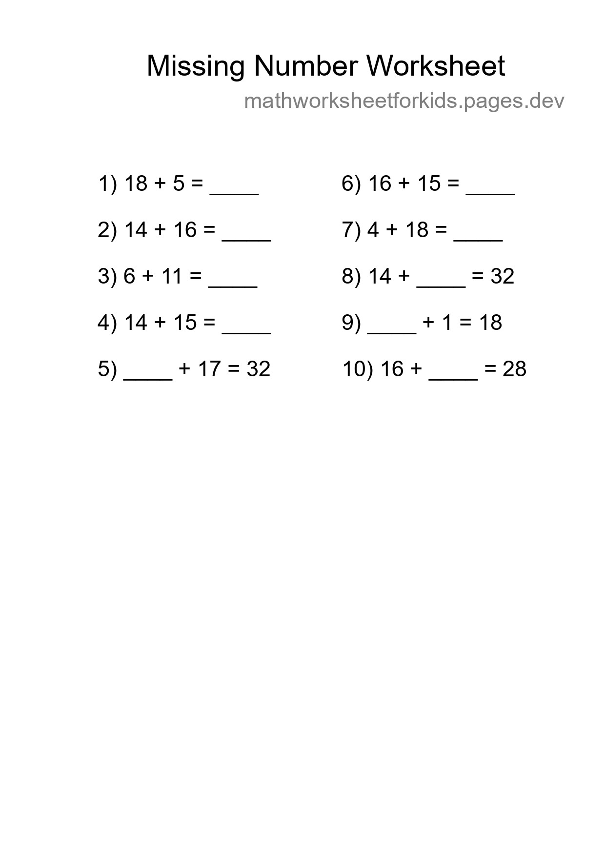 Missing Number Math Worksheet