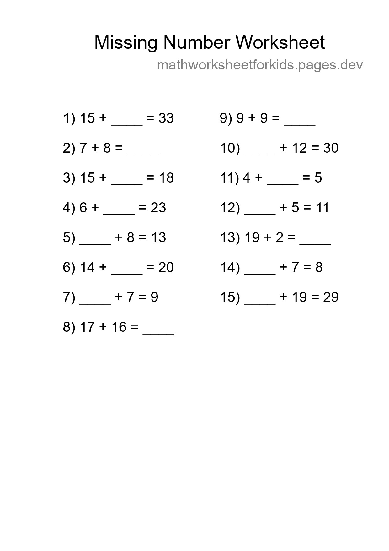 Missing Number Math Worksheet