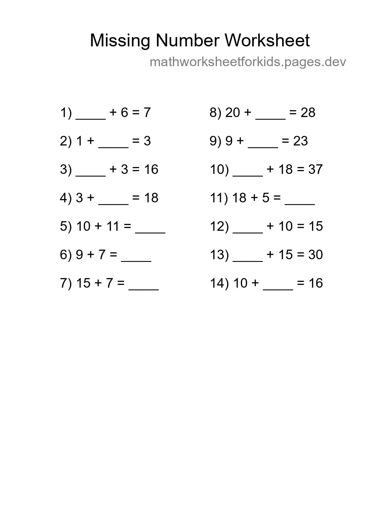 Missing Number Math Worksheet