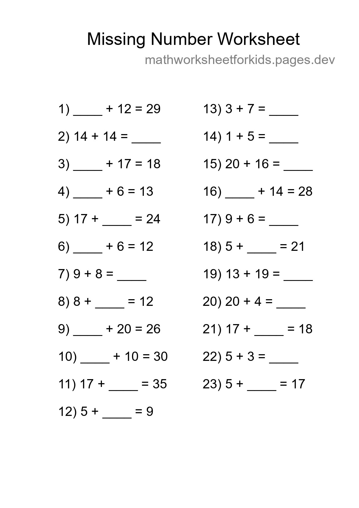 Missing Number Math Worksheet