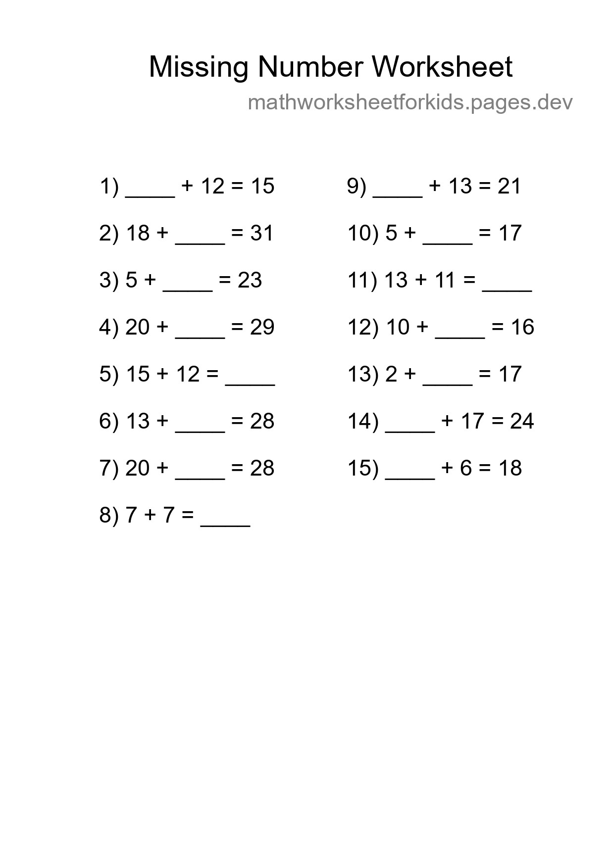 Missing Number Math Worksheet