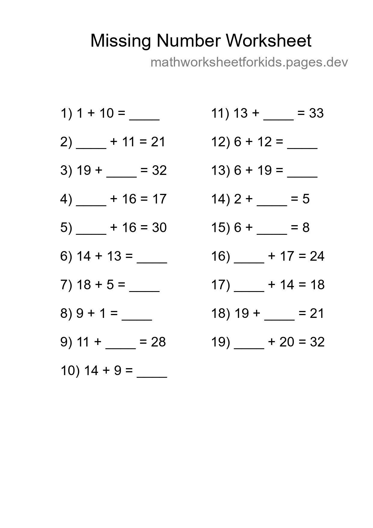 Missing Number Math Worksheet