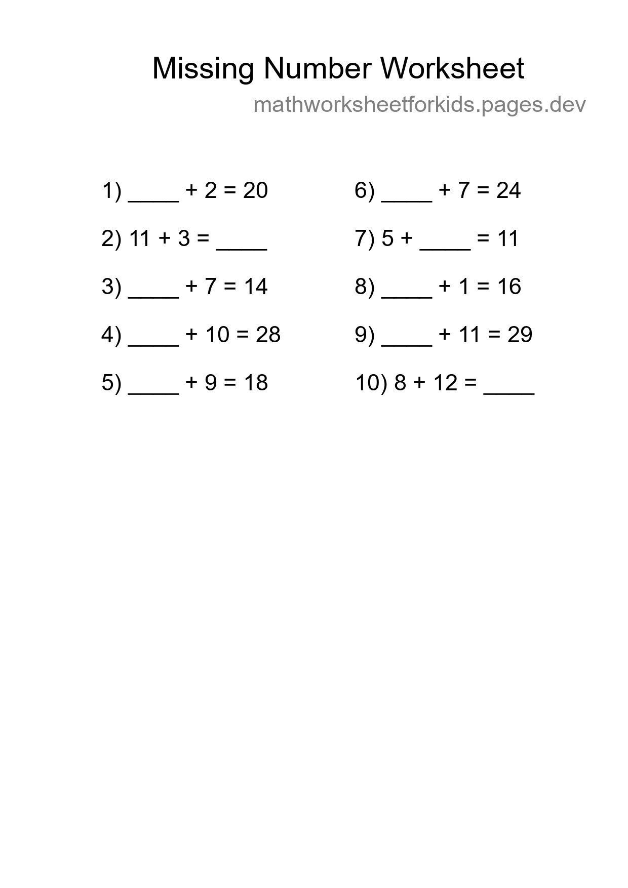 Missing Number Math Worksheet