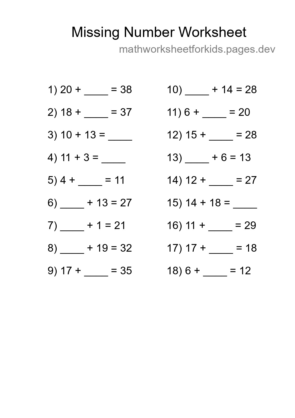 Missing Number Math Worksheet