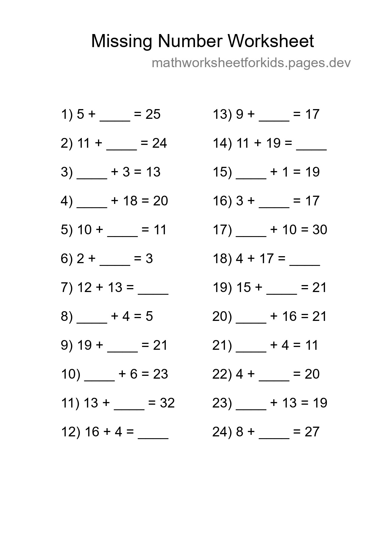 Missing Number Math Worksheet