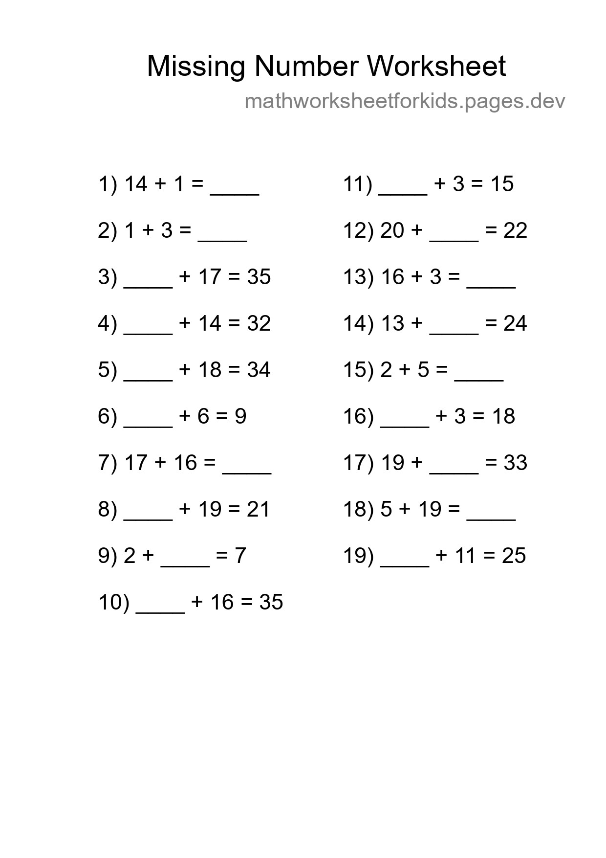 Missing Number Math Worksheet