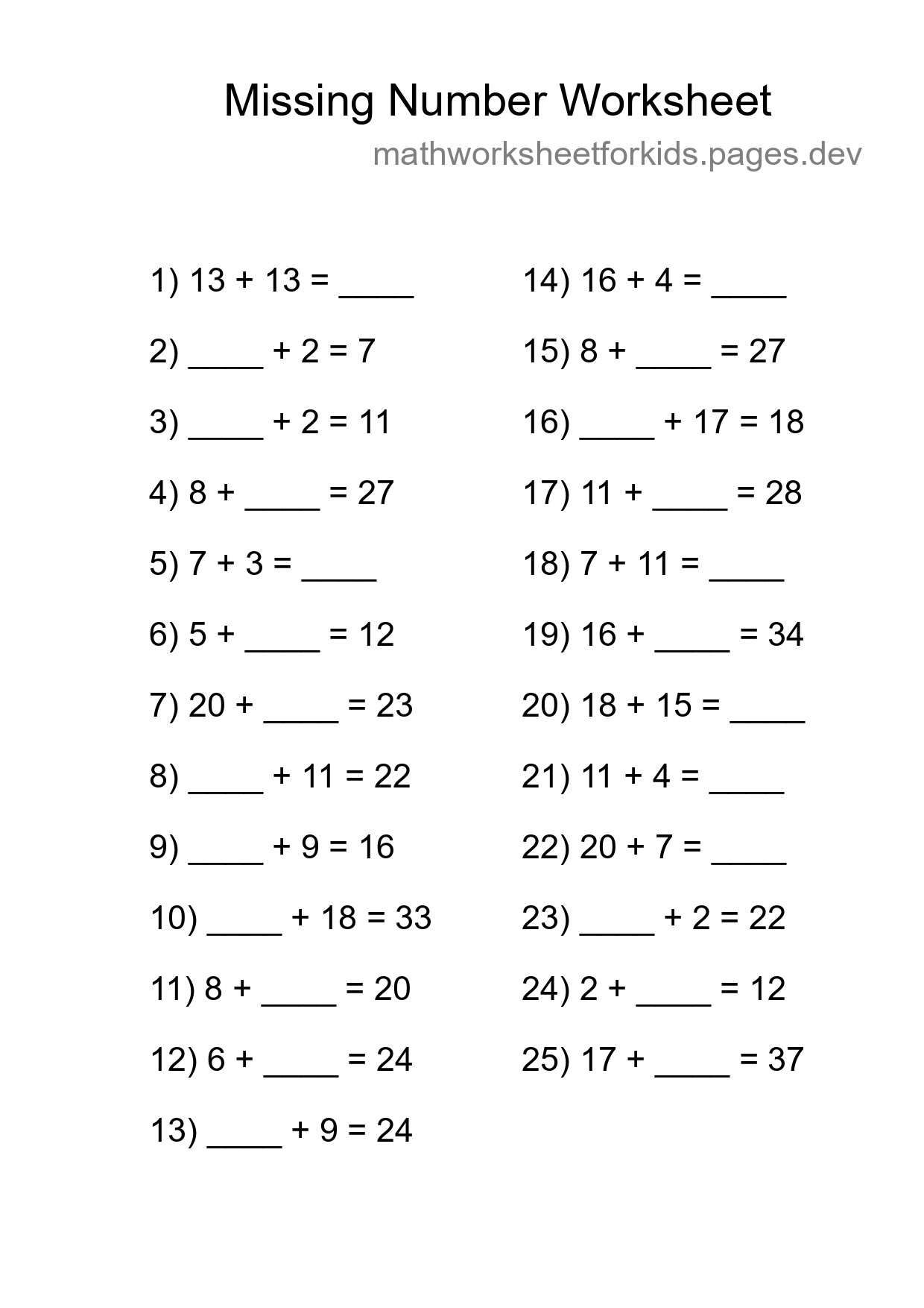 Missing Number Math Worksheet