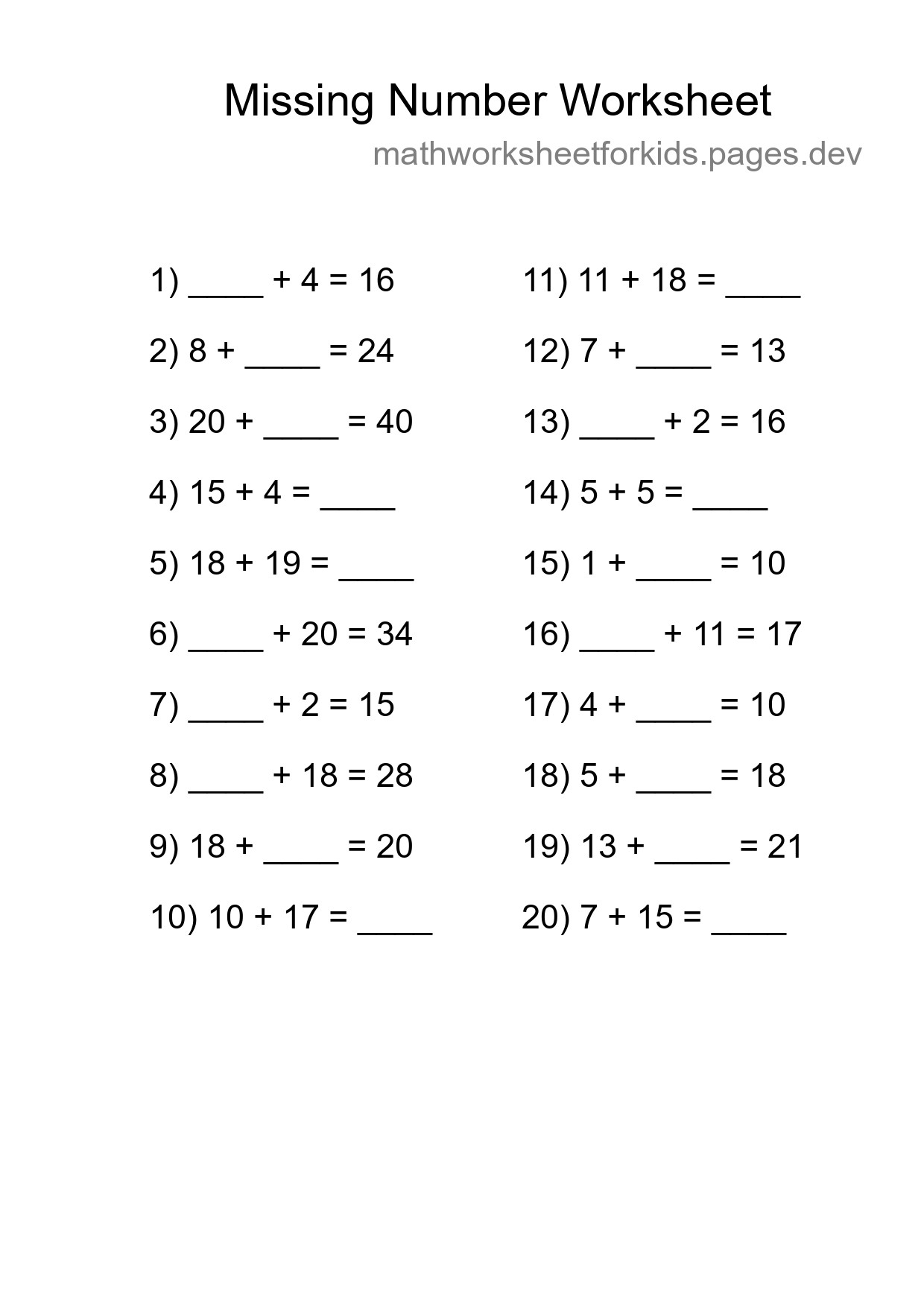 Missing Number Math Worksheet