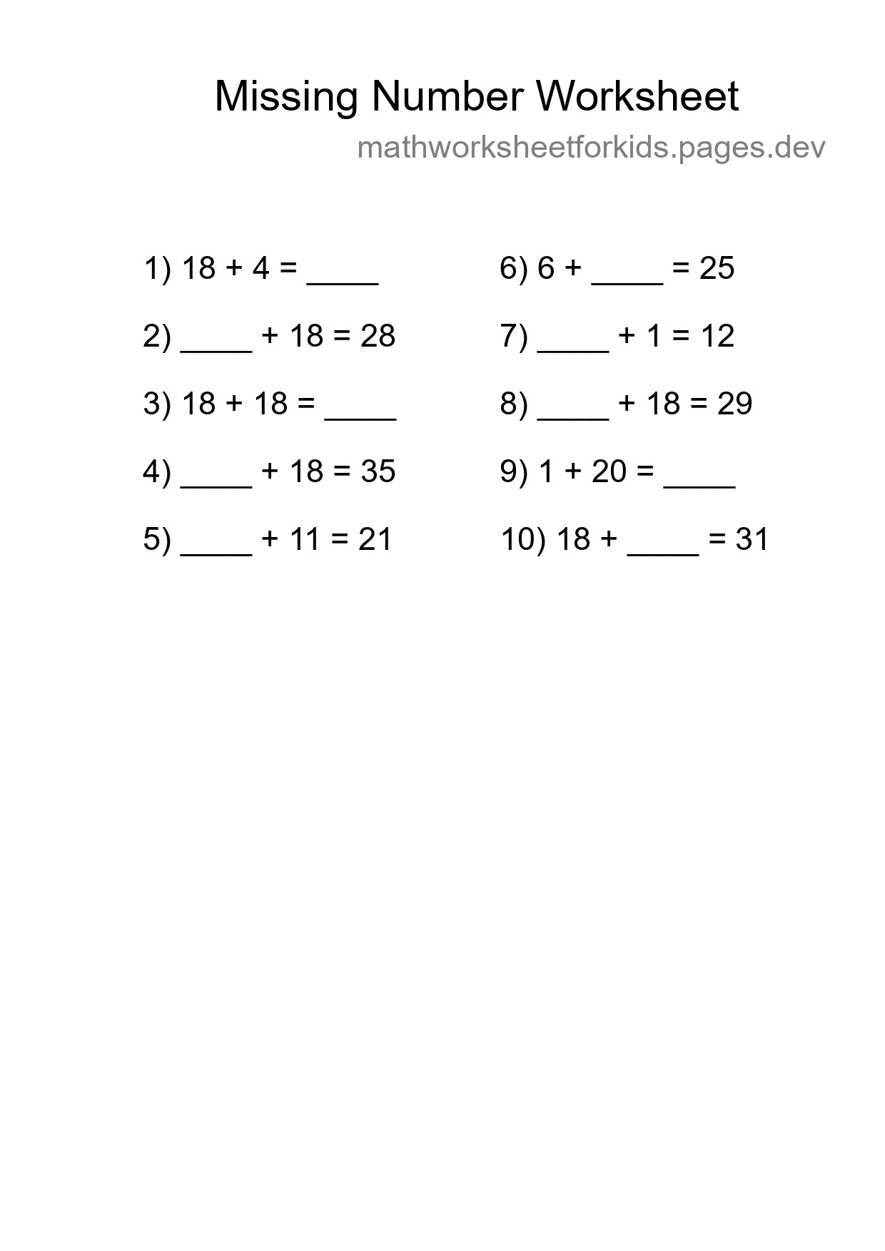 Missing Number Math Worksheet