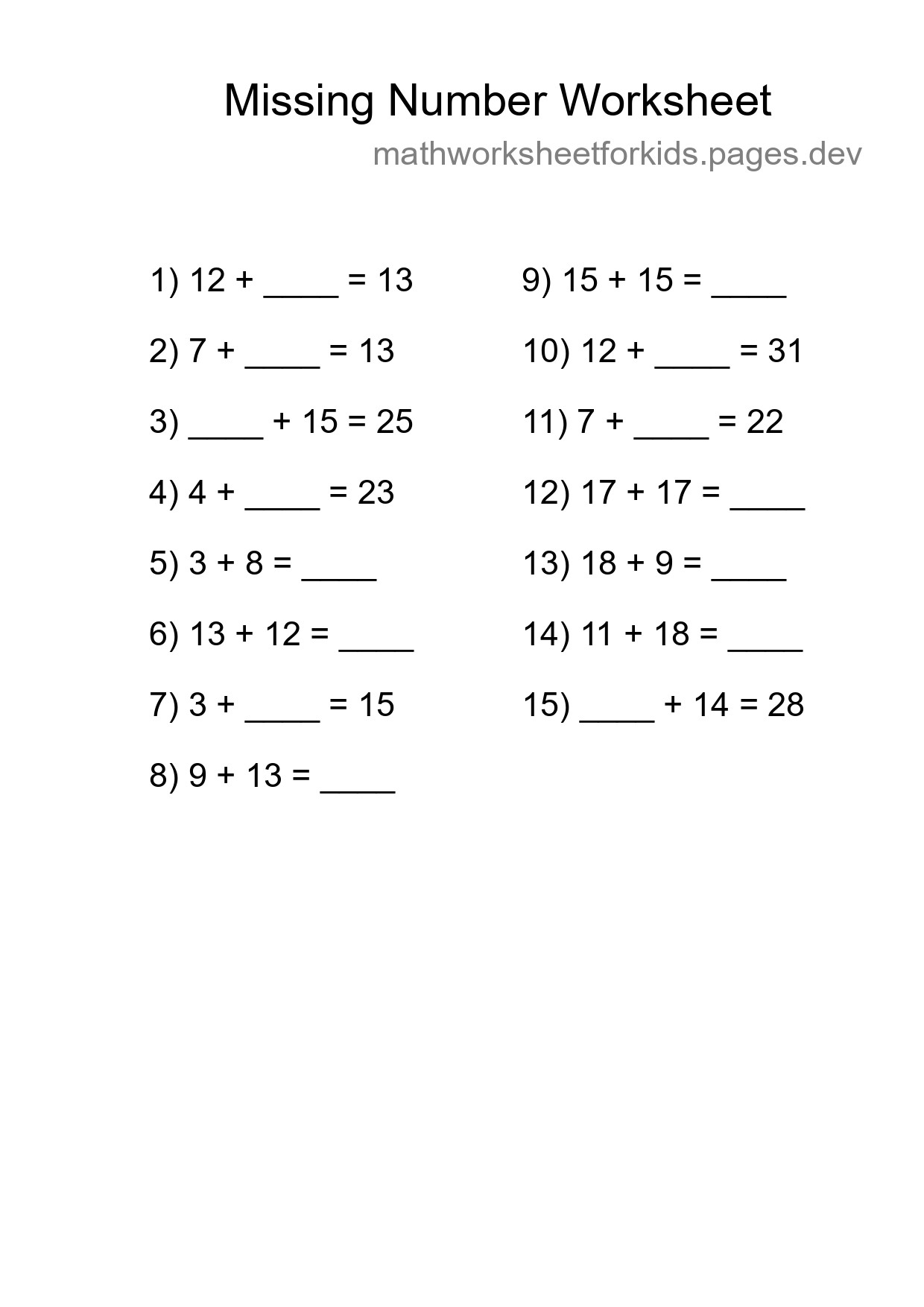 Missing Number Math Worksheet