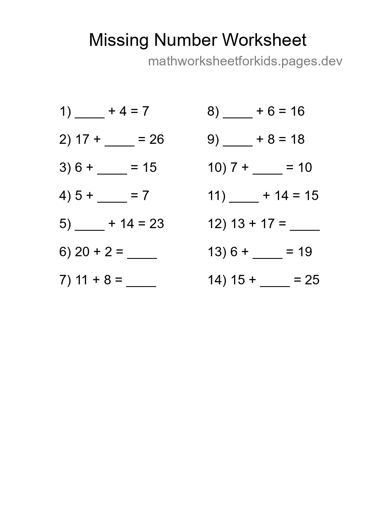 Missing Number Math Worksheet