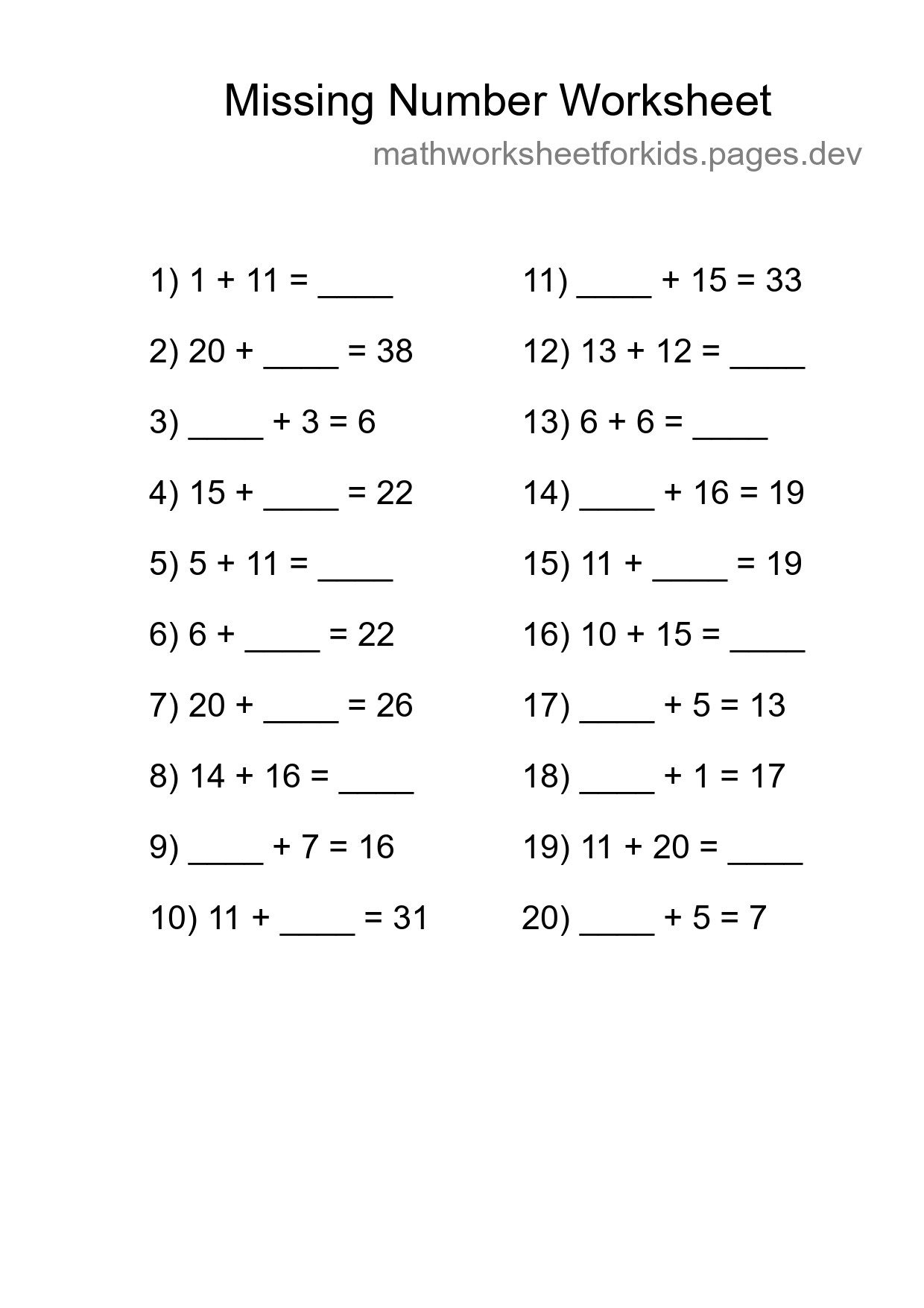 Missing Number Math Worksheet
