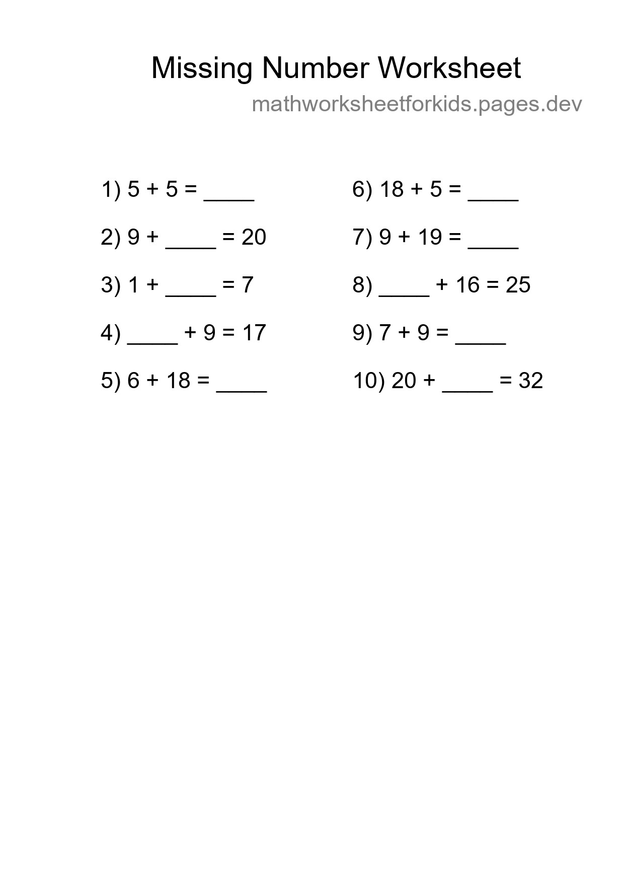 Missing Number Math Worksheet