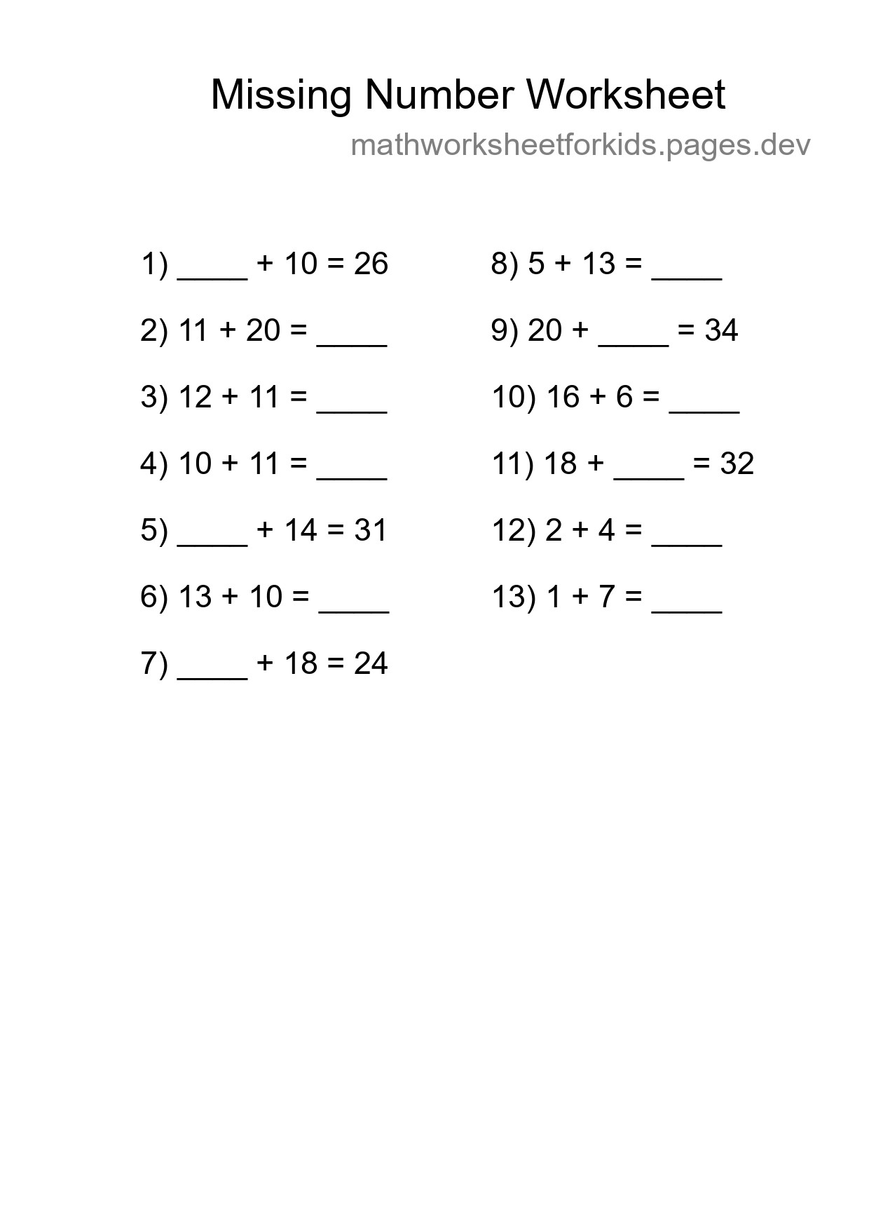 Missing Number Math Worksheet