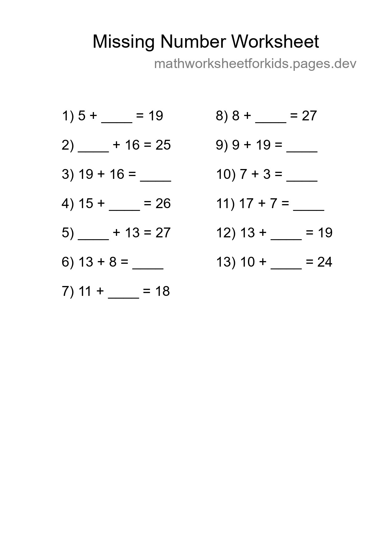 Missing Number Math Worksheet
