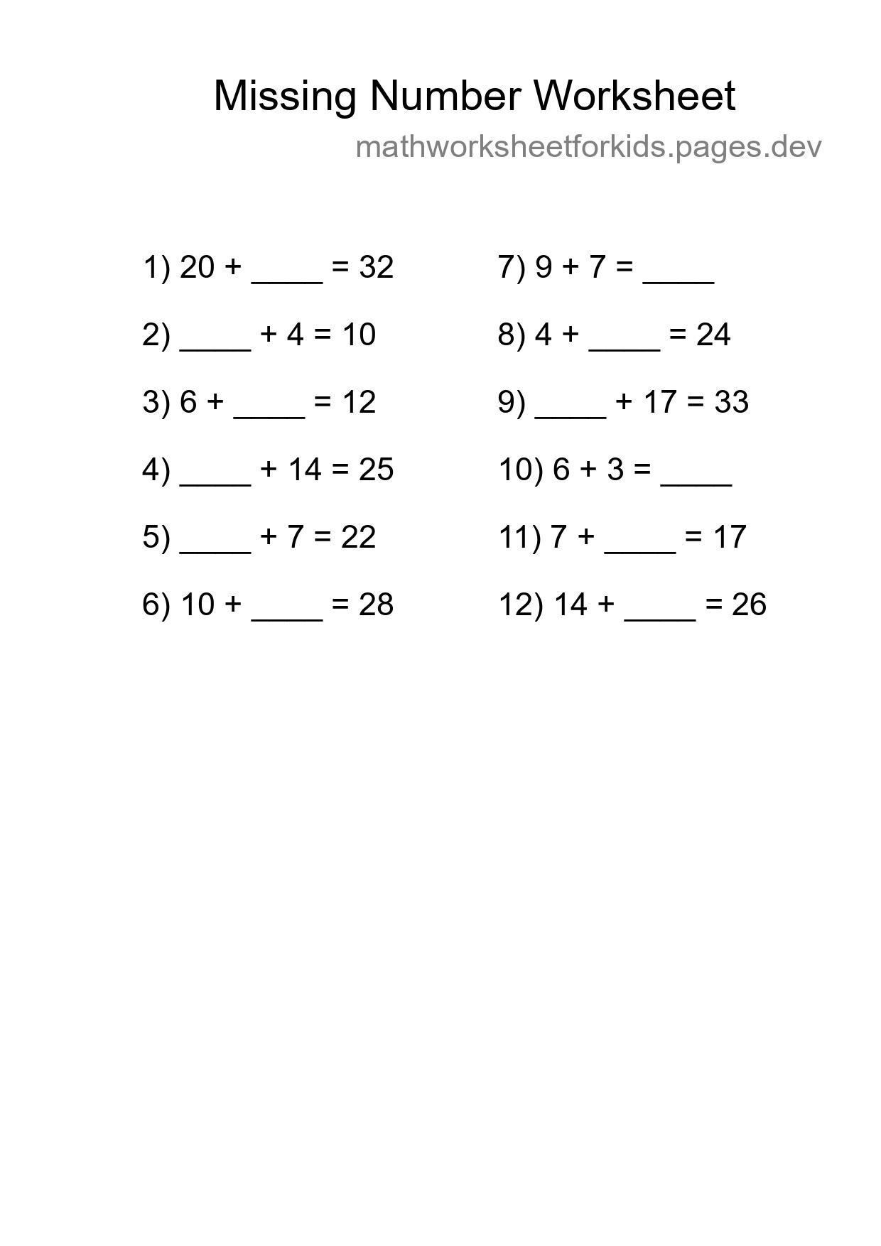 Missing Number Math Worksheet