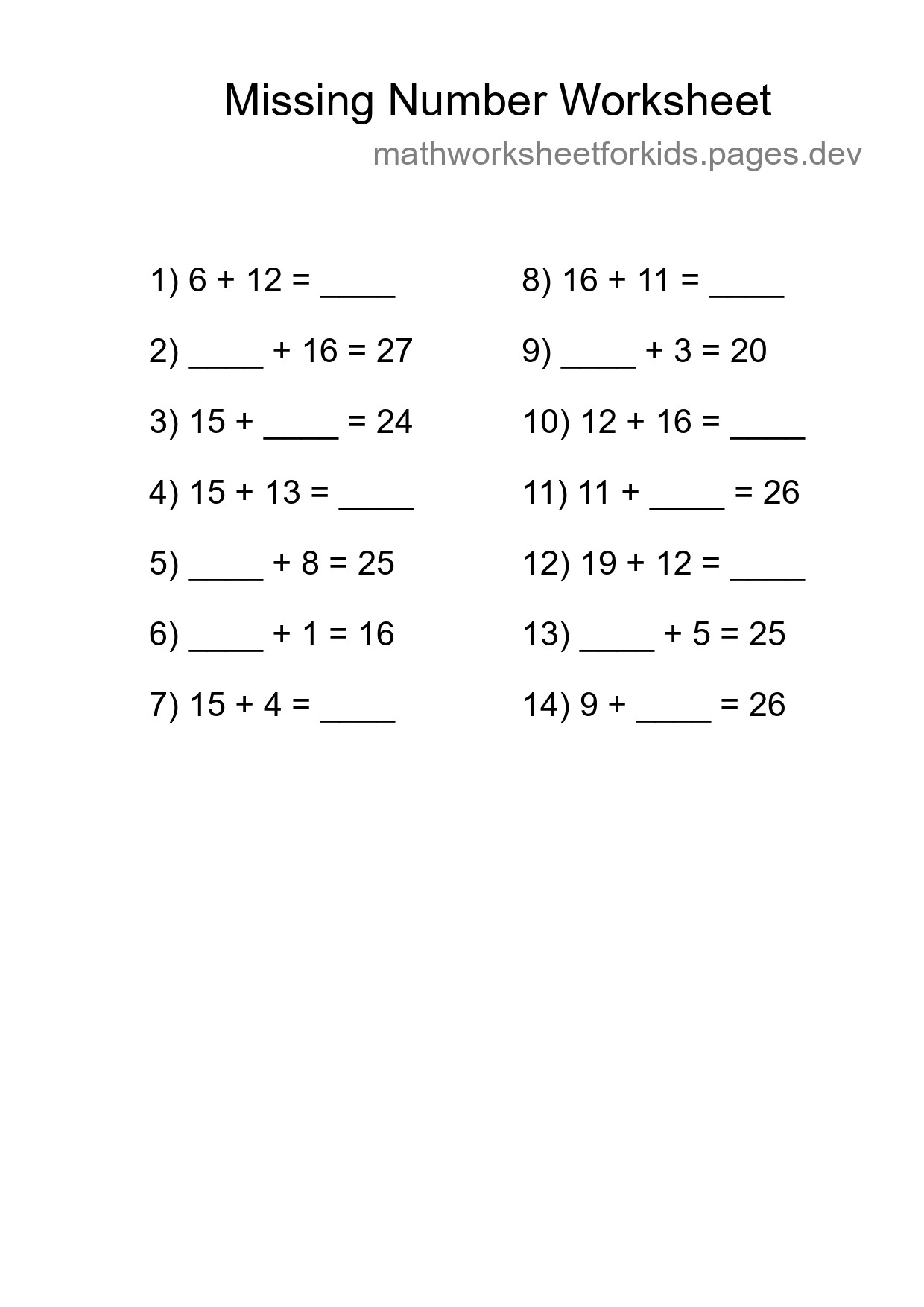 Missing Number Math Worksheet