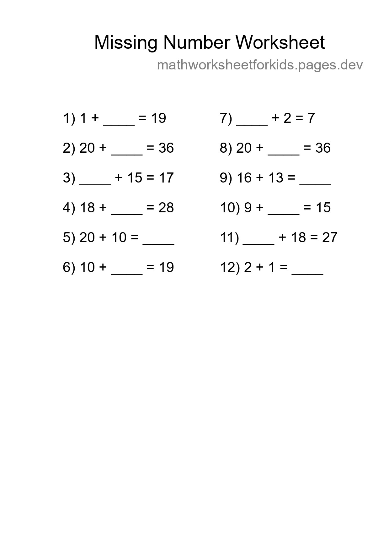 Missing Number Math Worksheet