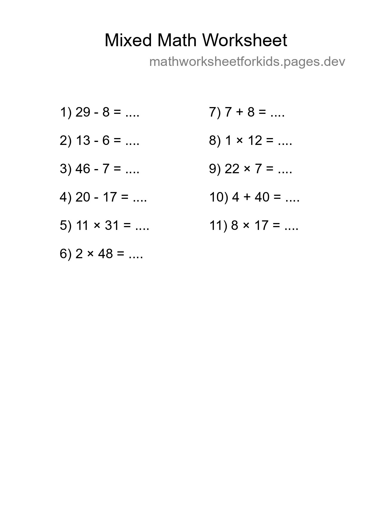 Mixed Operations Math Worksheet