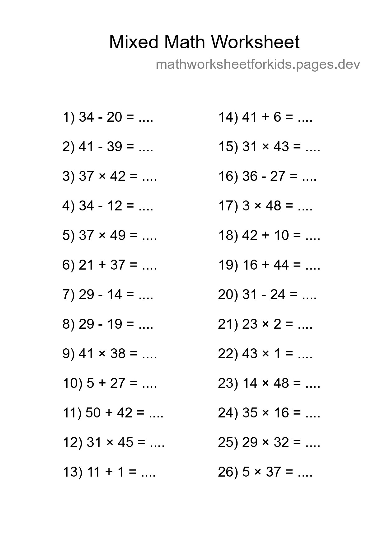 Mixed Operations Math Worksheet
