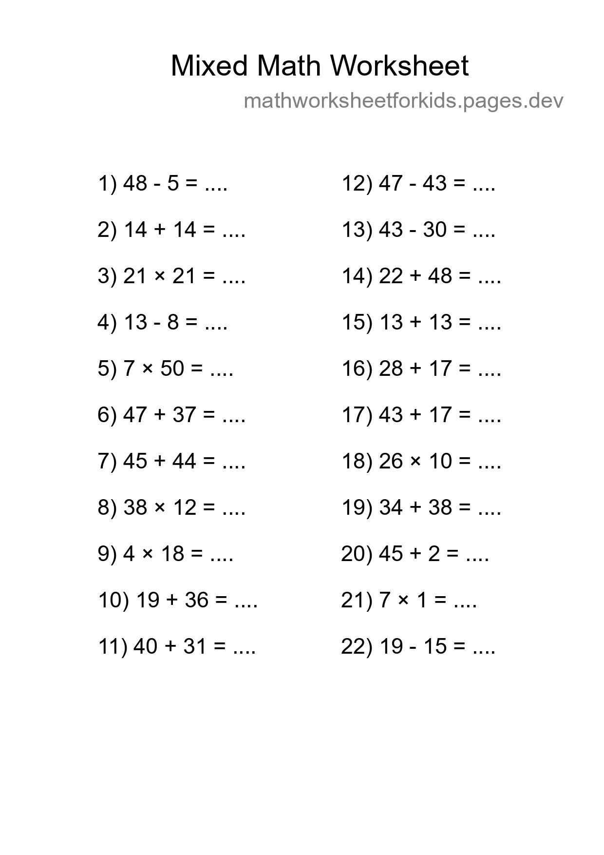 Mixed Operations Math Worksheet