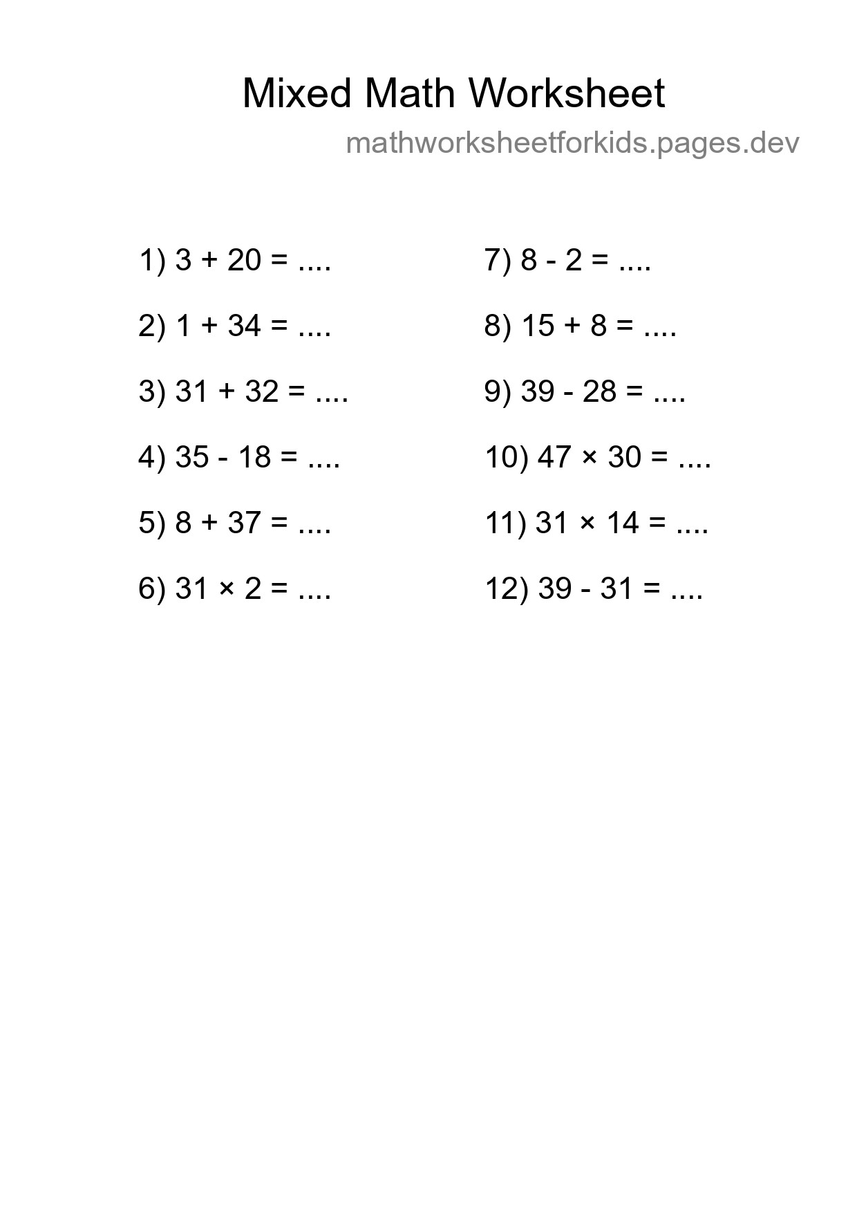 Mixed Operations Math Worksheet
