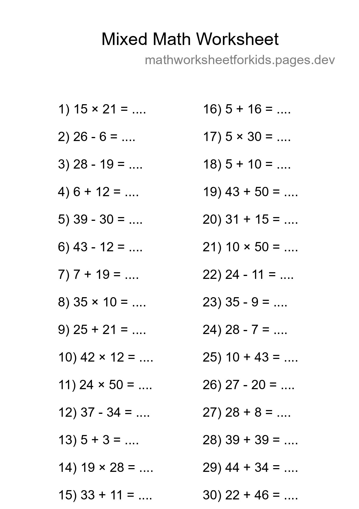 Mixed Operations Math Worksheet