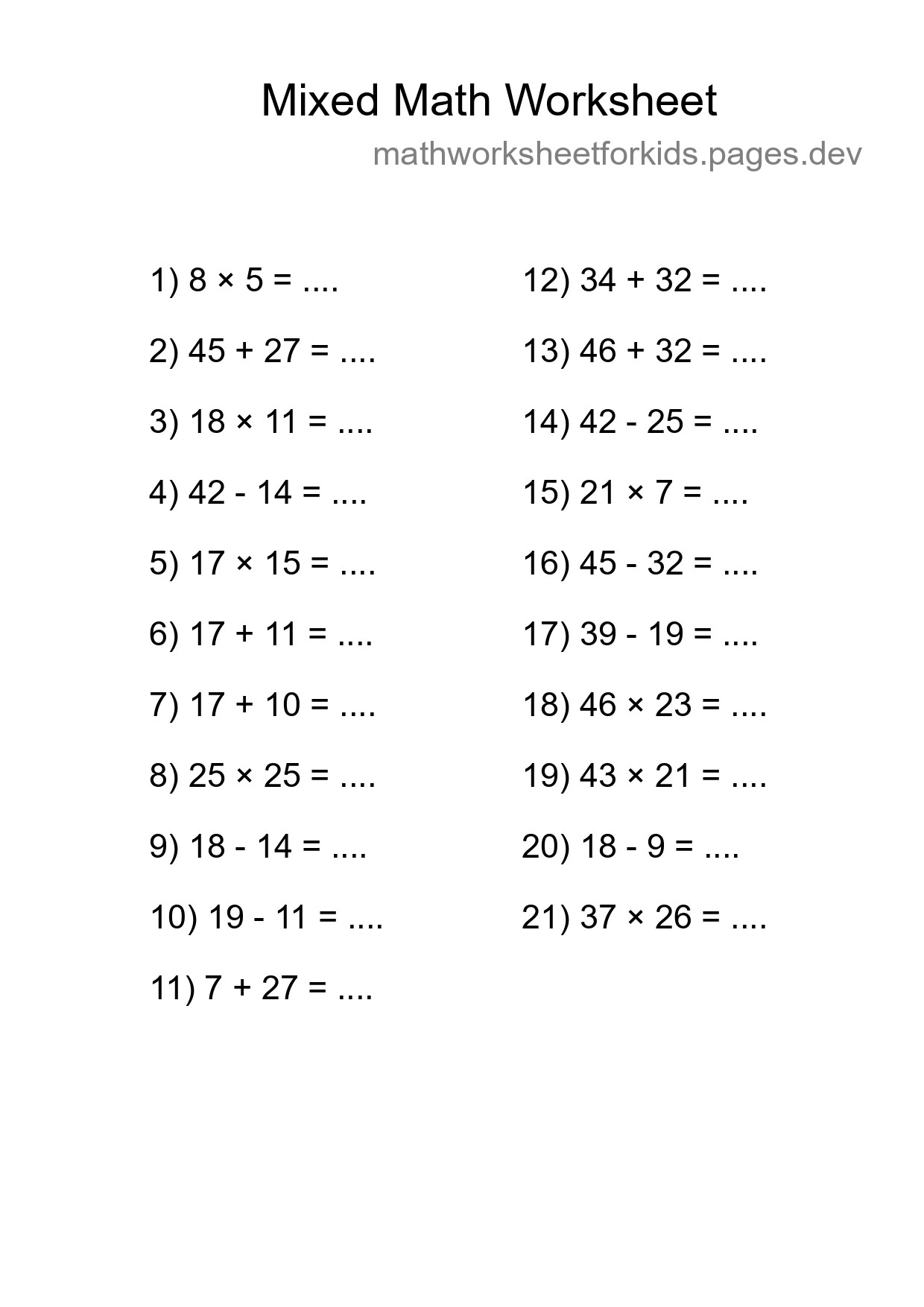 Mixed Operations Math Worksheet