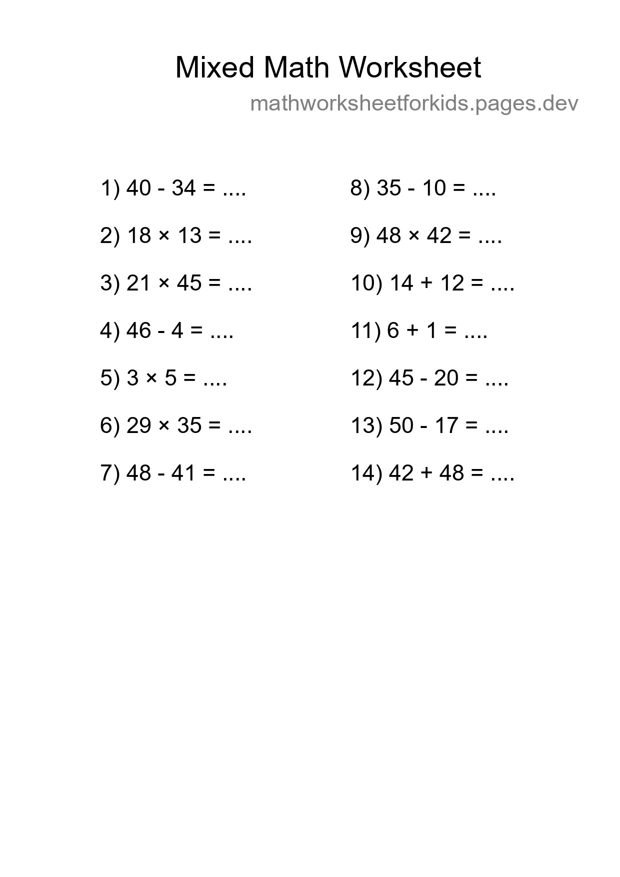 Mixed Operations Math Worksheet