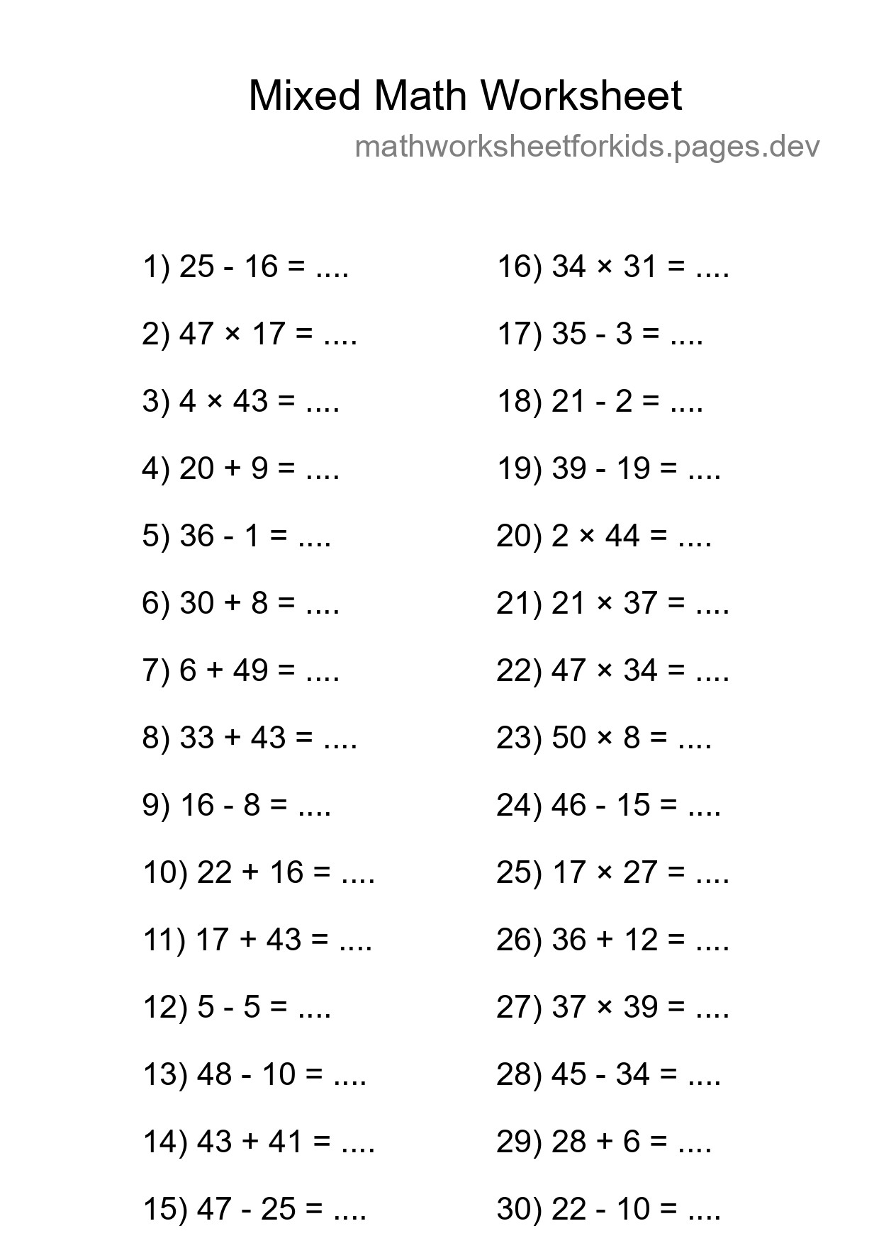 Mixed Operations Math Worksheet